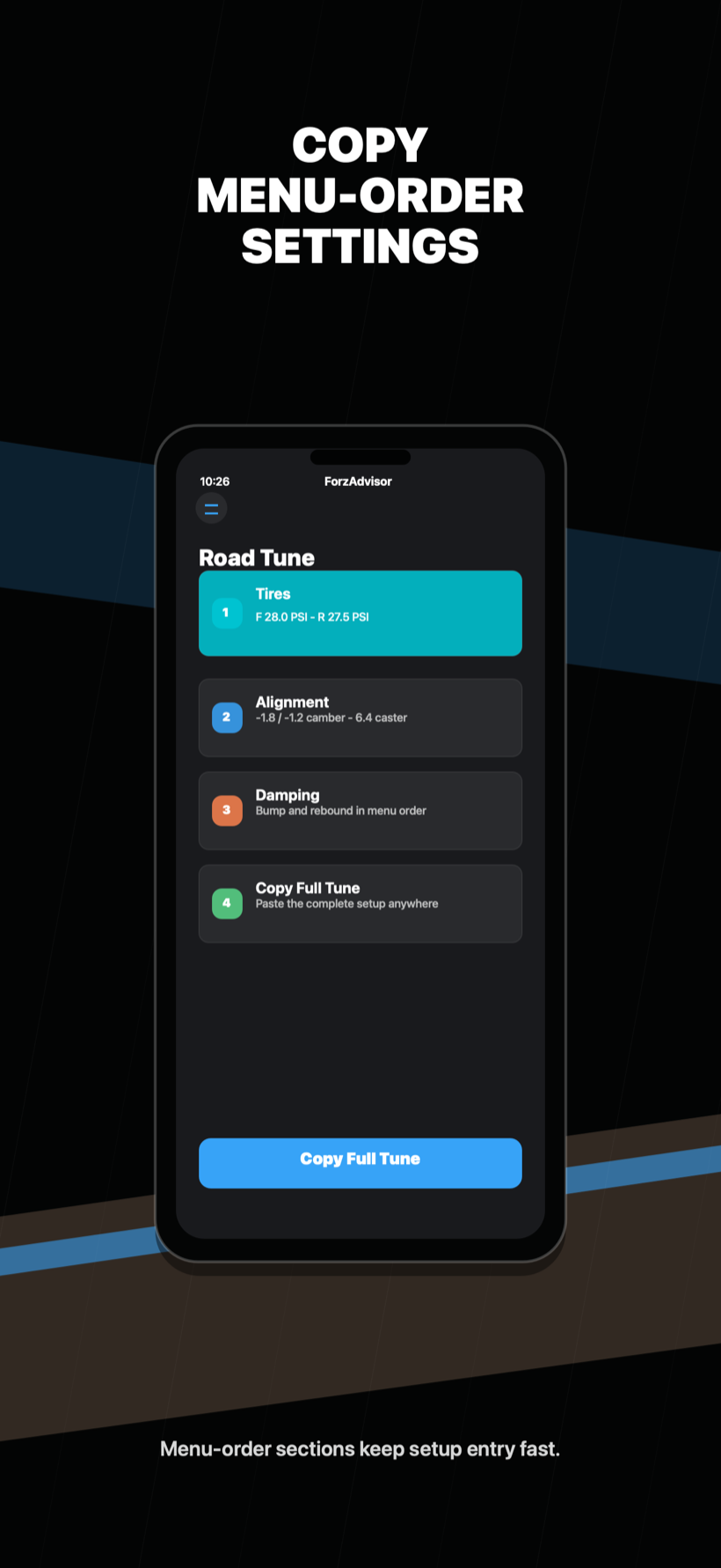 ForzAdvisor complete tune settings in game-menu order