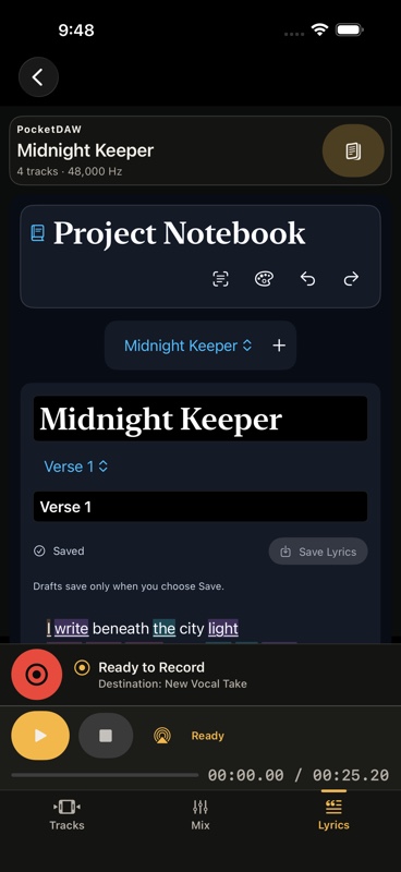 PocketDAW Project Notebook with rhyme-aware writing tools