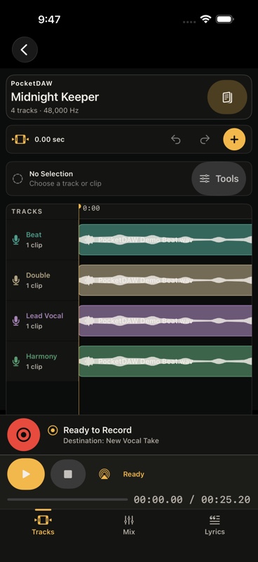 PocketDAW Tracks workspace in the Signal Notebook visual style