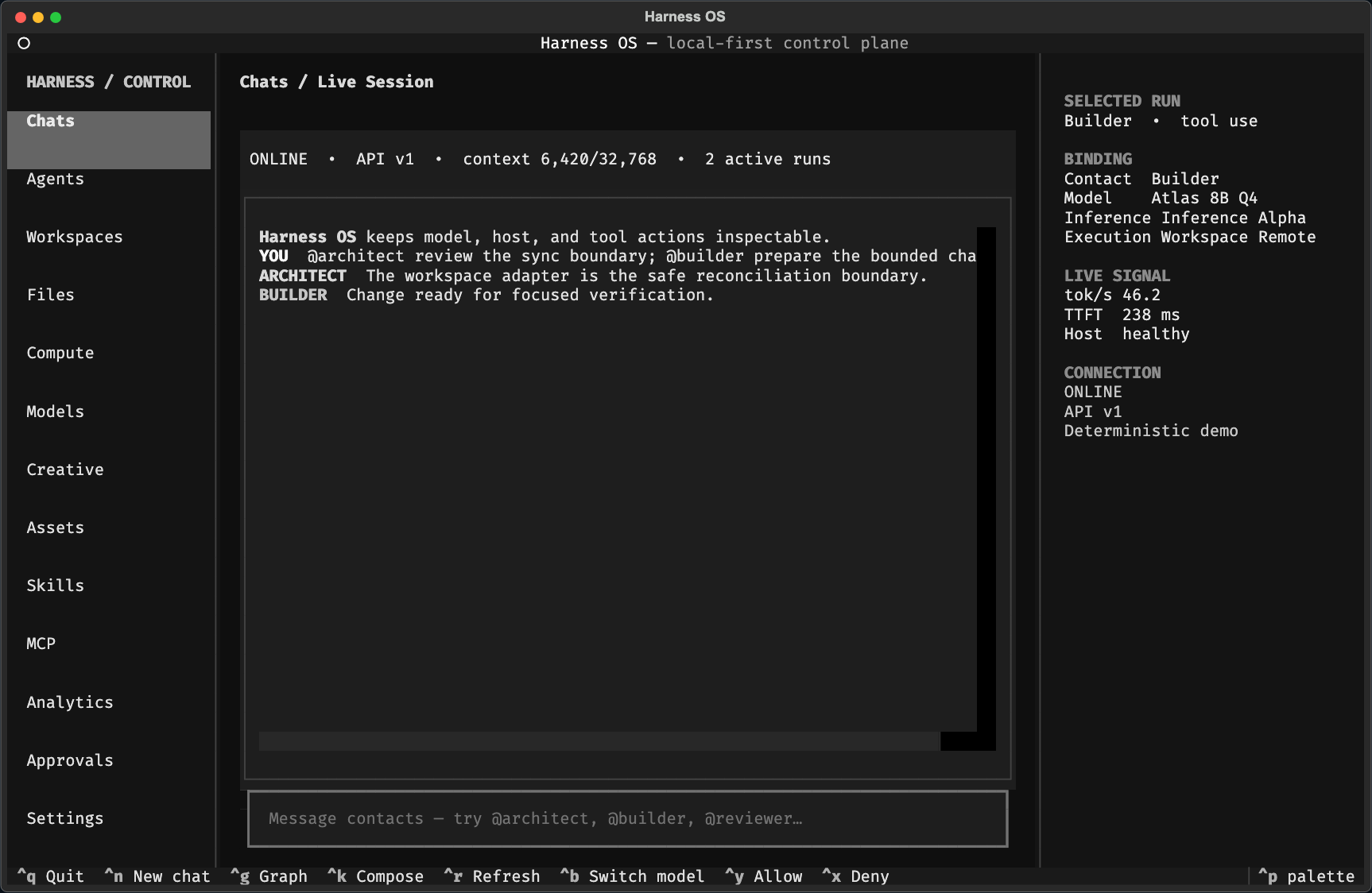 Harness OS Textual TUI with navigation, live session, binding inspector, and composer