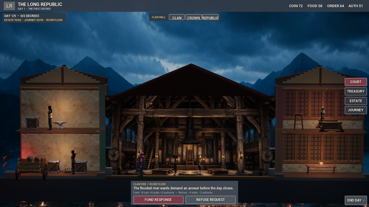 Storm-lit Clan Hall cutaway with a timber council hearth at its center and functional rooms on either side